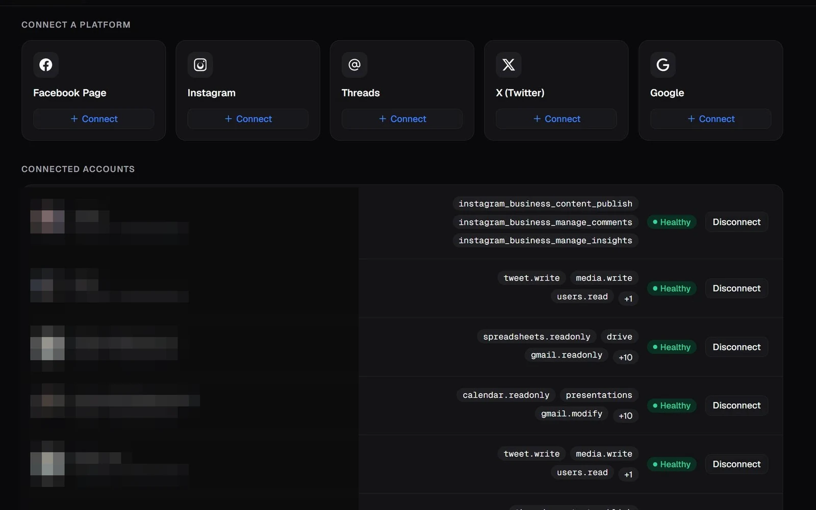 Giao diện thực tế của Vortex với nền tảng kết nối, OAuth scopes và trạng thái tích hợp