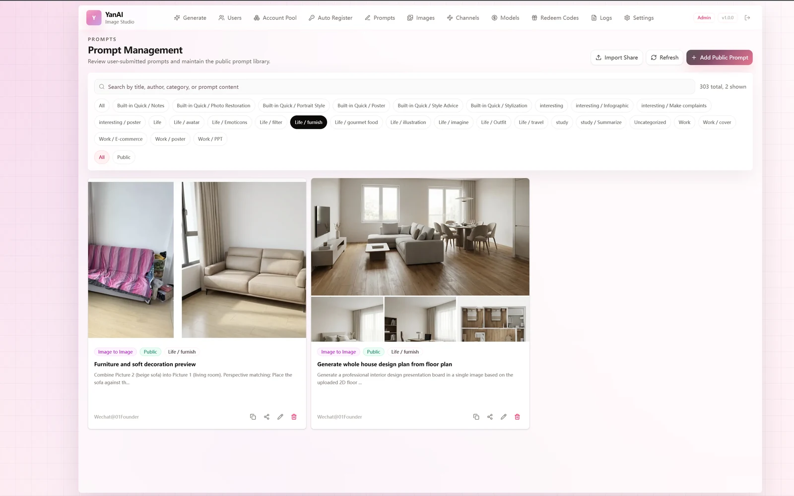 Giao diện thực tế của YanAI Image Studio và thư viện prompt